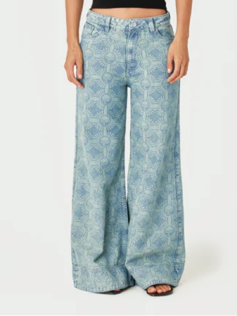 Patterned Wide-Leg Denim Pants in Light Blue